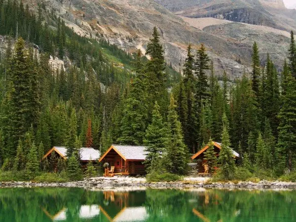 Mountain cabins overlooking mountain and lake